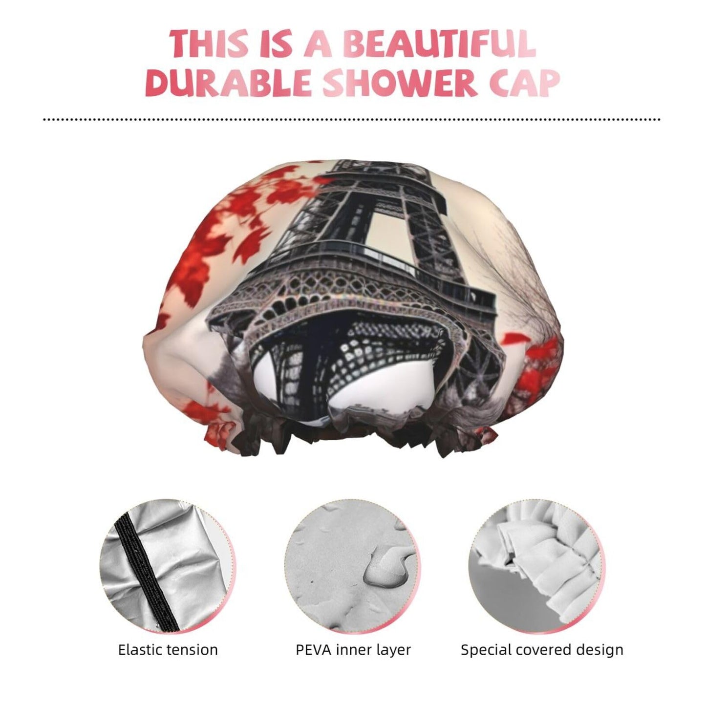 Eiffel Tower Autumn Leaves Shower Cap for Women Men Large Reusable Shower Bonnet Double-Layer Waterproof Bath Caps Elastic Band Hair Hat for All Beauty and Personal Care BWLHJKE