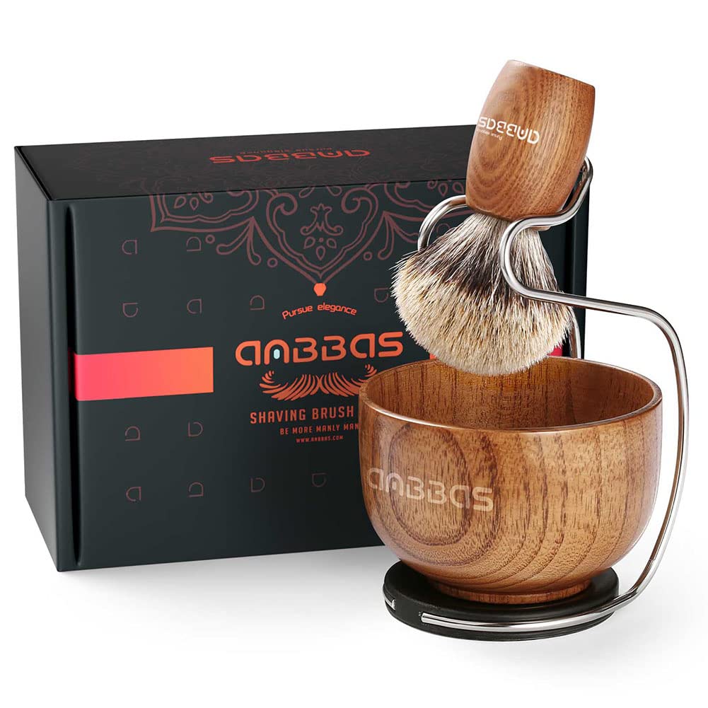 Anbbas Pure Badger Hair Shaving Brush Wood Handle and Large Soap Bowl with Stainless Steel Shaving Stand 3in1 Kit for Men Beauty and Personal Care Anbbas
