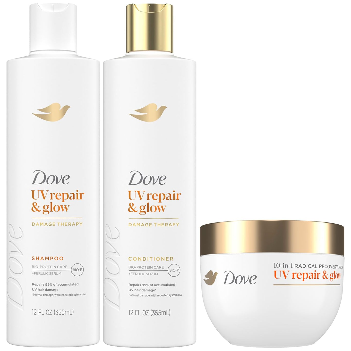 Dove Shampoo, Conditioner & 10-in-1 Radical Recovery Hair Mask, UV Repair & Glow - Damage Therapy Hair Products with Ferulic Serum and BioProtein Care Beauty & Personal Care Dove