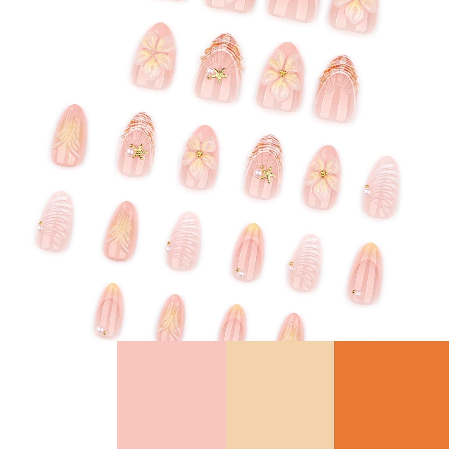 CTTHNBD Almond Press on Nails Short - Summer Fake Nails with Shell Starfish Design - French Tip, Flower False Nails for Women - 24 Pcs Beauty and Personal Care CTTHNBD