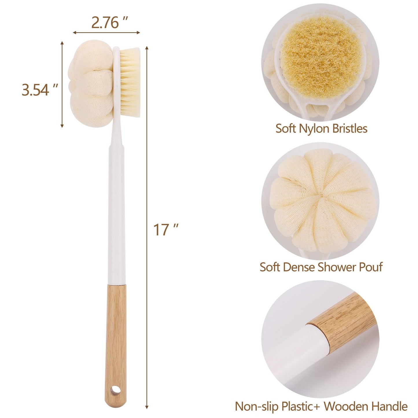 BTYMS Bath Sponge Back Brush Long Handle for Shower 17 Inch, Double Sided Exfoliating Back Scrubber Brush Shower Body Brush with Soft Bristles Beauty and Personal Care BTYMS
