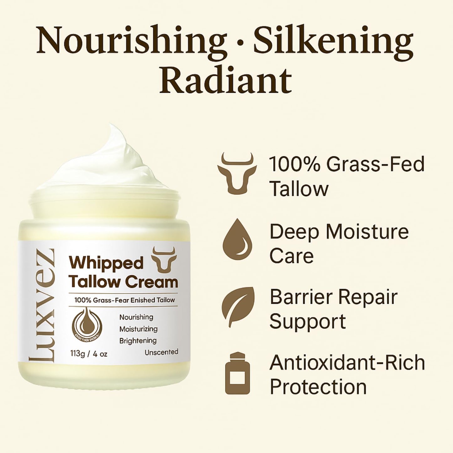 Luxvez Beef Tallow Cream for Skin: Grass-Fed Whipped Tallow Balm with Squalane Jojoba Oil - All Natural Skincare Whipped Moisturizer for Face & Body Beauty & Personal Care Luxvez
