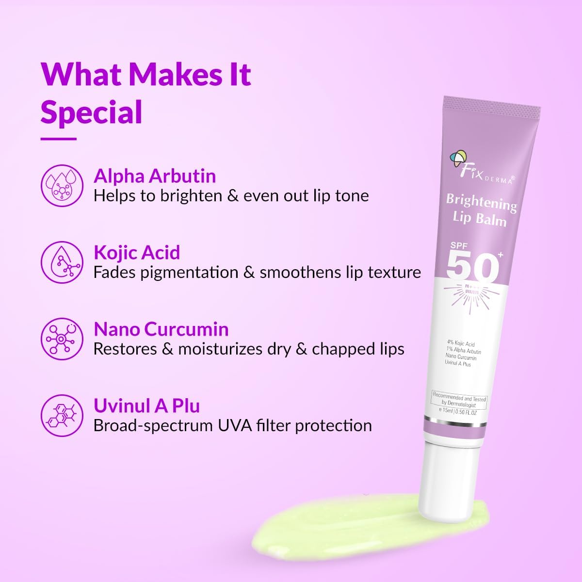 Fix-derma Brightening Lip Balm With SPF 50 PA+++ for Pigmented & Dry Lips - 4% Kojic Acid, 2% Alpha Arbutin - Moisturizes, Hydrates & Brightens Beauty and Personal Care Krishva