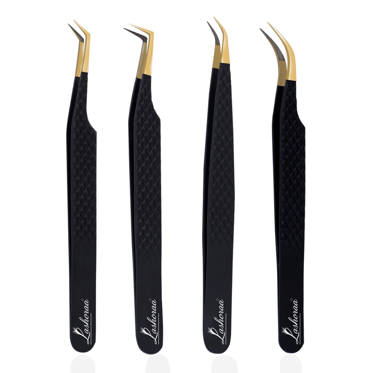 LASHORAA Professional Lash Tweezers 4 Pcs- Leather Case Eyelash Tweezers Fiber Tips, Diamond Grip & Japanese Steel- Curved, 45° Degree & Angular Beauty and Personal Care LASHORAA