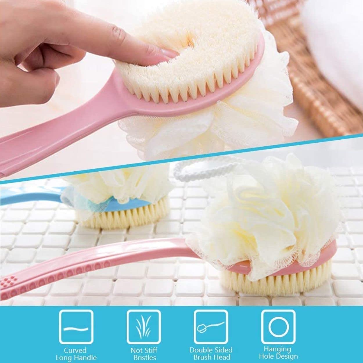 LAGET® 2 IN 1 Loofah with handle Body Brush,Bath shower Brush&Loofah Back Scrubber with Curved Long Handled for Skin Exfoliating Bath,Massage Bristles Beauty and Personal Care LAGET