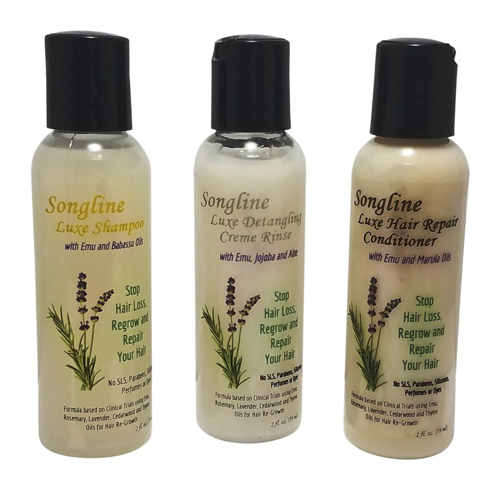 Songline Luxe Hair Care Kit With Emu Oil Enhanced Shampoo, Detangling Cream Rinse and Deep Hair Repair Conditioner - Trial Size - 2 oz Bottle of Each Beauty & Personal Care Songline