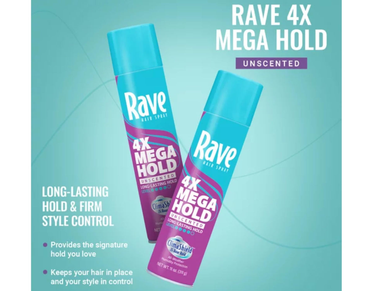 Rave Hairspray 4X Mega Unscented 11oz - Pack of 8
