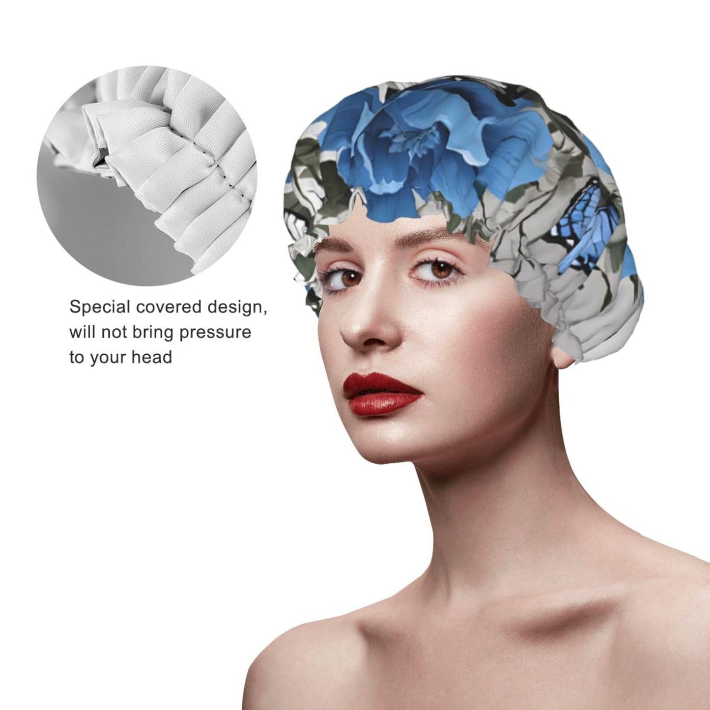 Gray Teal Flower Butterfly Printed Double Layer Lined Shower Cap,Shower Caps For Women Reusable Beauty and Personal Care BEIVGOXL