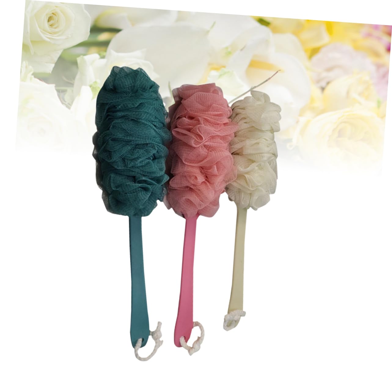 PartyKindom 3pc Long Handle Bath Flower Scrubber Shower Brush Body Brush Exfoliating Bath Sponge Handle Soft Lathering for Gentle Cleaning Beauty and Personal Care PartyKindom