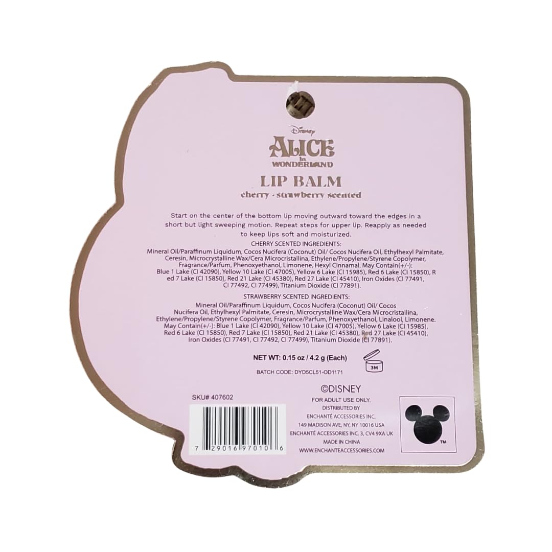 Disney Alice in Wonderland Lip Balm Set, 2 Count, Cherry & Strawberry Scented, Cheshire Cat Themed, 0.15 oz / 4.2 g Each Beauty and Personal Care Disney Alice in Wonderland