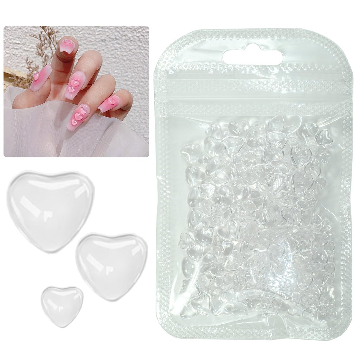 qiipii 300pcs Transparent Heart Nail Charms, 3 Sizes Mixed Size 3D Clear Cute Love Hearts Rhinestones Flatback Resin Crystals Diamonds Nail Art Beauty & Personal Care qiipii