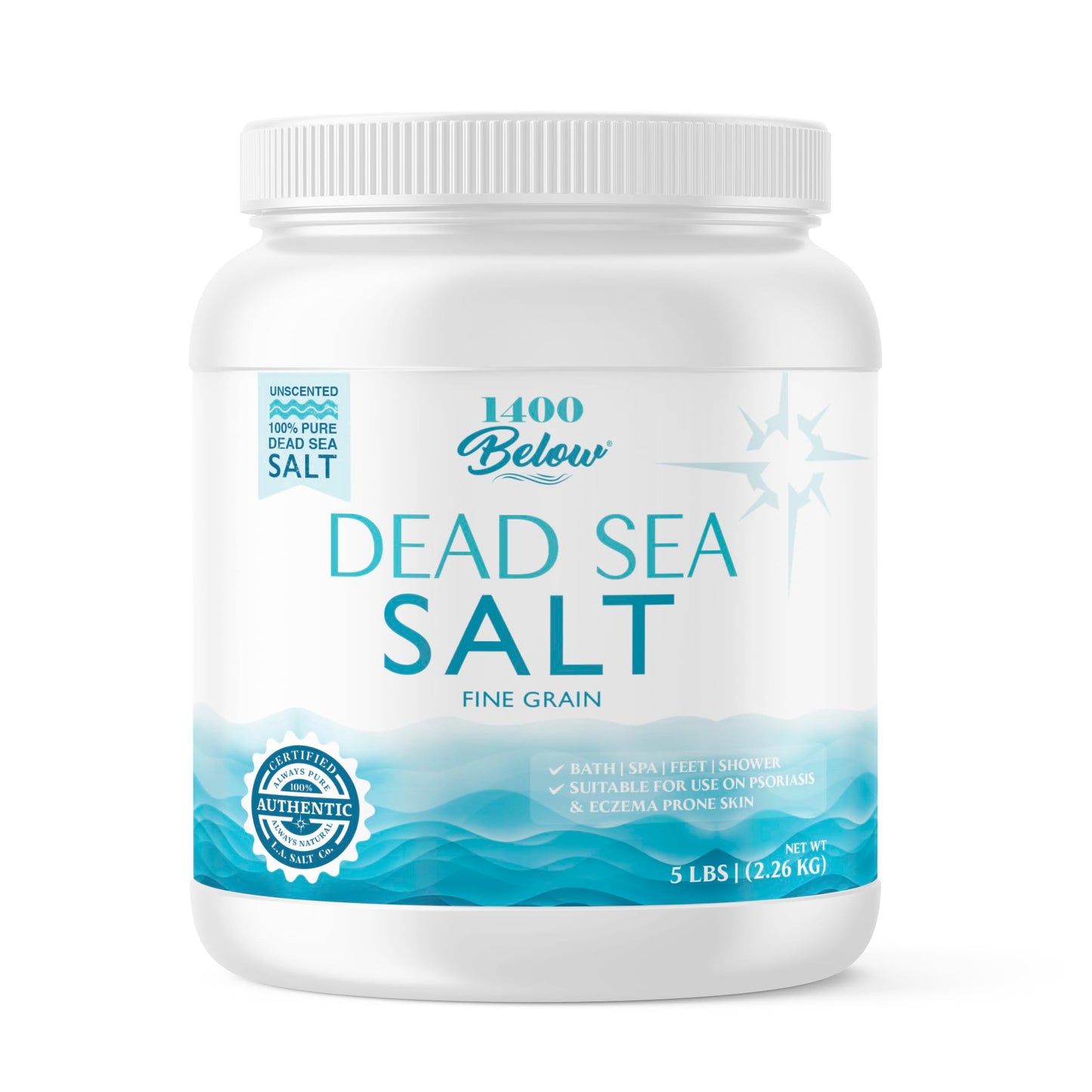 LA SALT CO 1400 Below 5 Lbs Jar Dead Sea Salt, Fine Grain - Foot and Spa Bath Soak, Exfoliating Body Scrub, 100% Pure and Mineral-Rich, Highest Beauty and Personal Care LA SALT CO