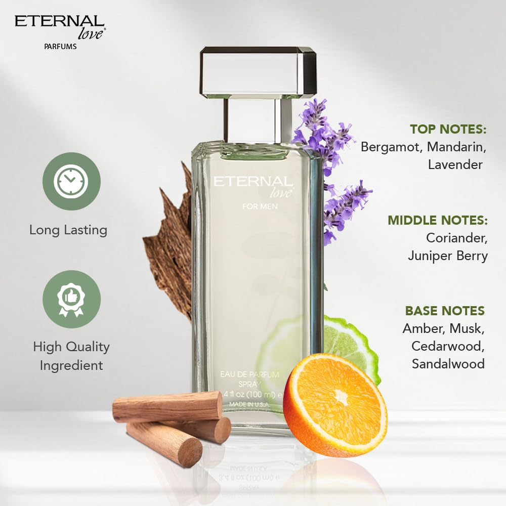 Eternal Love for Men - Long Lasting Eau de Parfum Spray - Premium Clean Fragrance with Amber & Cedarwood - Fresh Sophisticated Scent - 3.4oz Beauty & Personal Care Eternal Love
