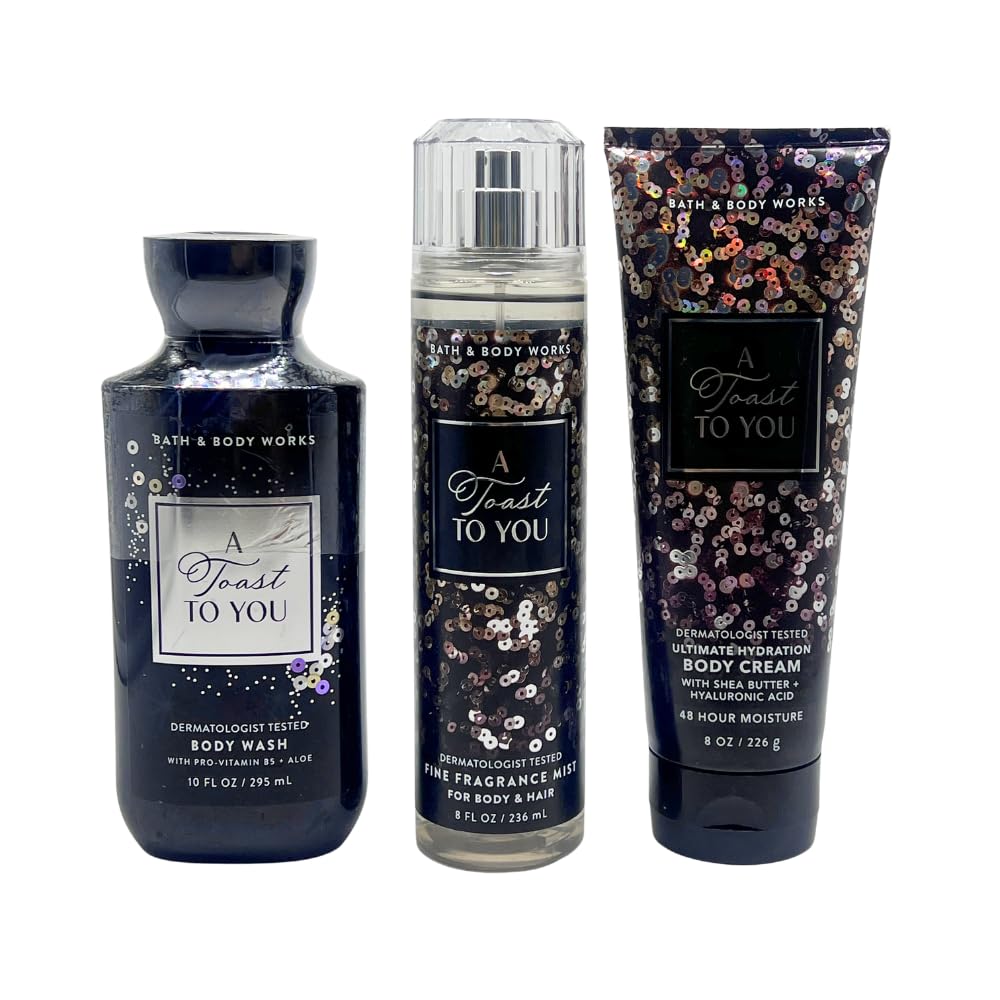 Bath & Body Works A TOAST TO YOU Fine Fragrance Mist, Ultimate Hydration Body Cream, and Body Wash 3pc Gift Set with 30-inch Silver Ribbon Bow Beauty and Personal Care Bath & Body Works