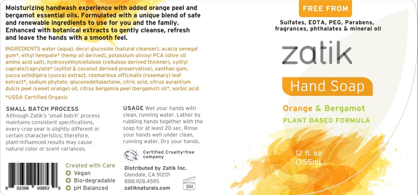 Zatik Naturals - Liquid Hand Soap with Orange & Bergamot, Moisturizing Handwash, Grey Water Safe, 12 fl oz (Pack of 6) Beauty & Personal Care Zatik