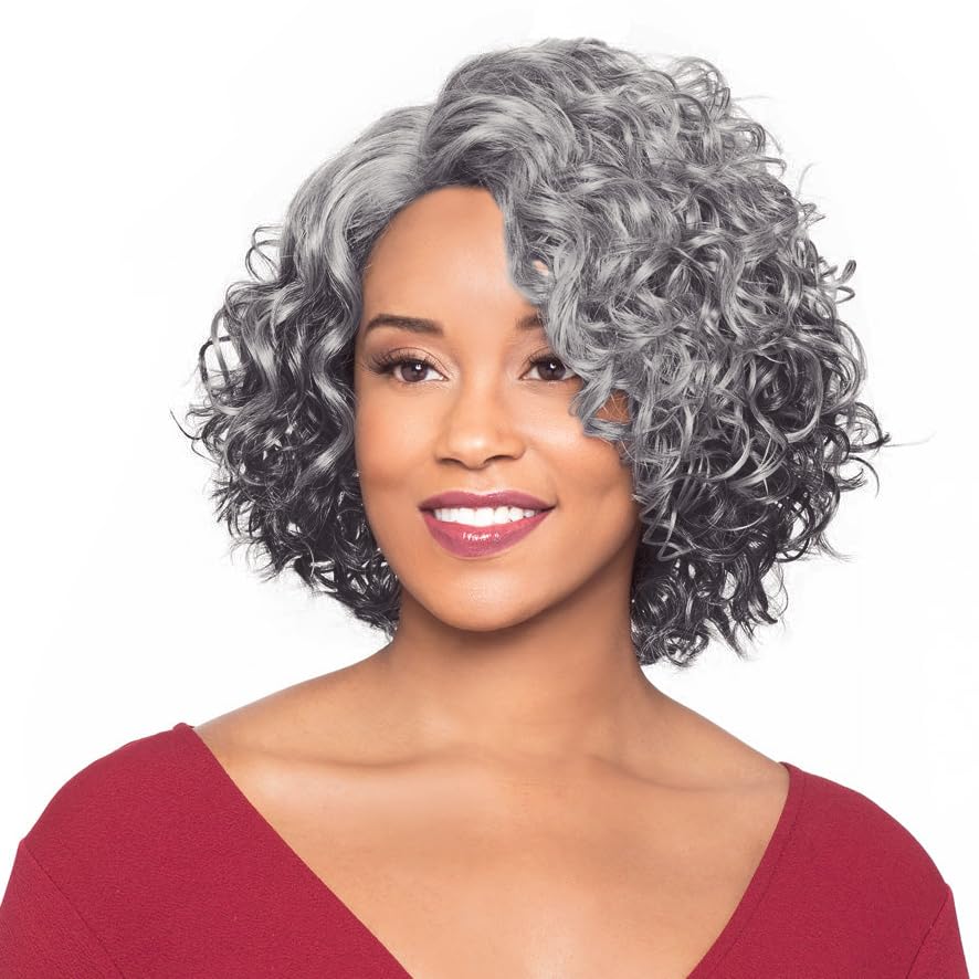 Foxy Silver Martina Wig Color RT1BSILVER - 11" Long Curly Side Part Fusion Heat Resistant Synthetic J Part African American Average Cap Bundle Maxwigs