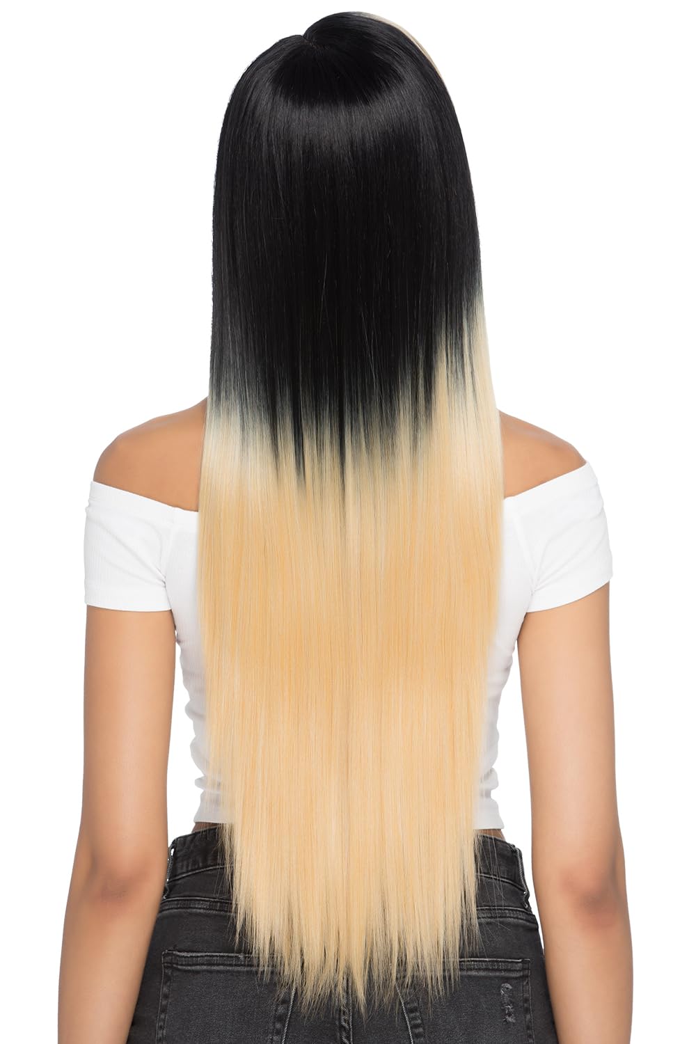 Vivica A. Fox BLONDIE New Futura Fiber, 30 Inch Layered Straight Style Invisible Side Part, Special Color Hair Mixed in with Off Black, Natural Baby