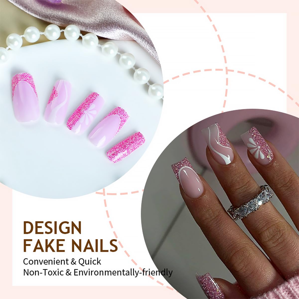 Square Press on Nails Medium Hot Pink Fake Nails Glitter Flower with line Design Pink French Tip False Nails Stick on Nails Full Cover Artificial Glue Beauty and Personal Care DZPGUONIZ