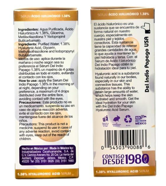 Del Indio Papago Hyaluronic Acid Serum (3.38 Fl Oz) / Serum Acido Hialuronico 1.38% Para, todo tipo de Piel - Intensive Daily Hydration, For All Skin Beauty & Personal Care Del Indio Papago