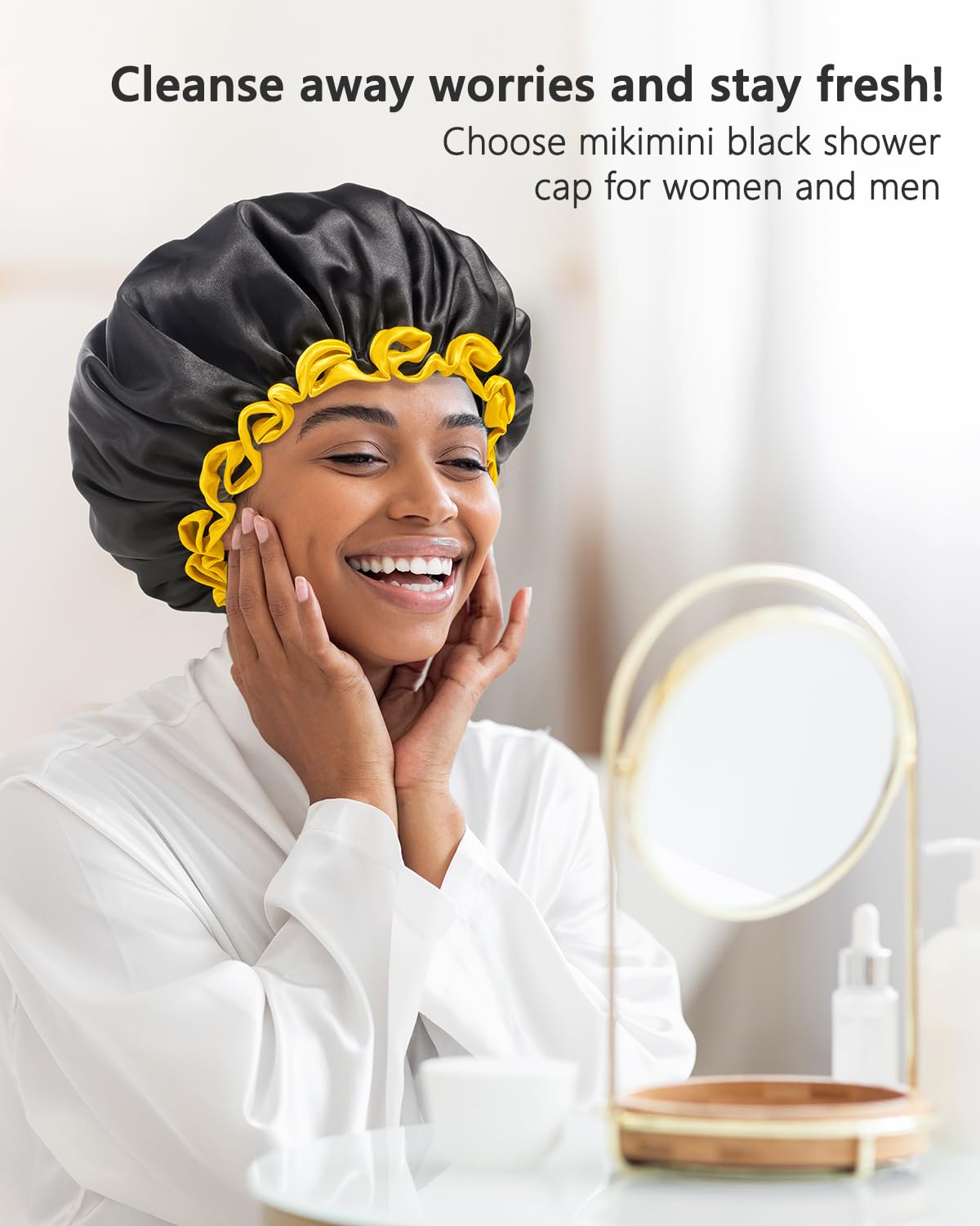 mikimini Black Shower Caps for Women Men & Girls 2 Packs, Reusable, Double Layers Waterproof Bathing Shower Hat with Soft Comfortable PEVA Lining Beauty & Personal Care mikimini
