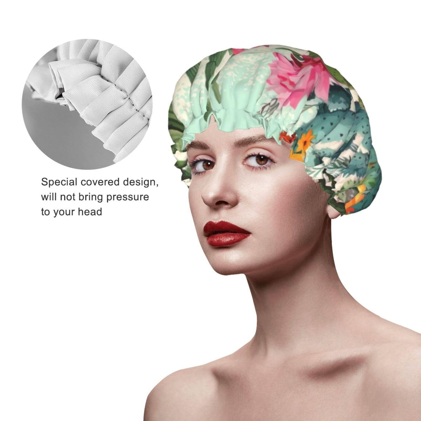 Summer Floral Cactus Shower Cap for Women Men Large Reusable Shower Bonnet Double-Layer Waterproof Bath Caps Elastic Band Hair Hat for All Hairstyles Beauty and Personal Care BWLHJKE