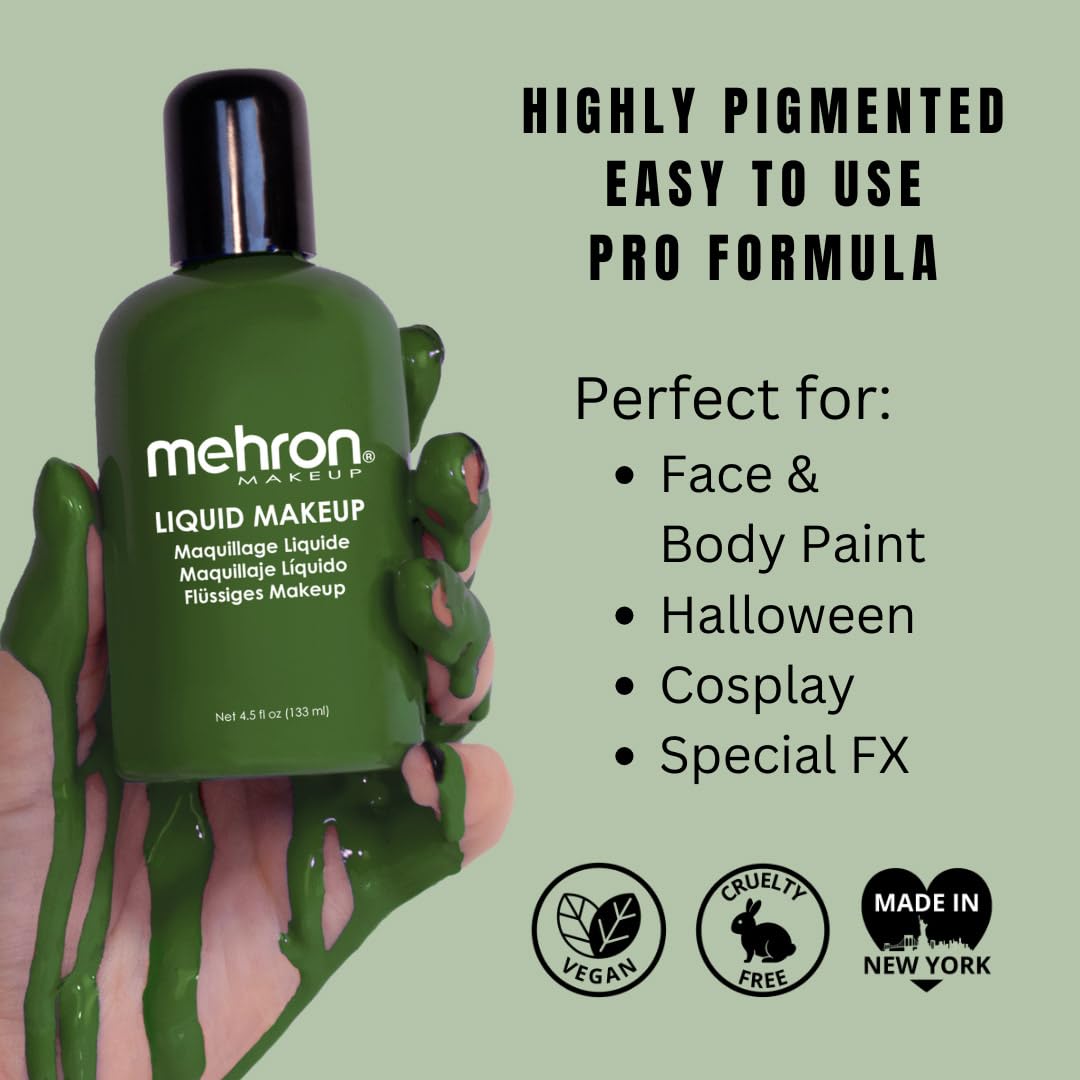 Mehron Makeup Liquid Makeup | Face Paint and Body Paint Perfect for Halloween, Cosplay I Air Brush Compatible 4.5 oz (133 ml) (GREEN) Beauty & Personal Care Mehron