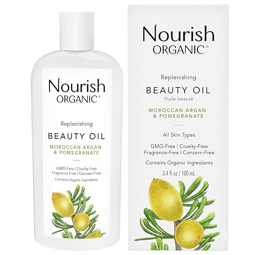 Nourish Organic Beauty Oil - Replenishing Body Oil with Moroccan Argan Oil, Pomegranate, Rosehip Oil & Vitamin E, 3.4 Oz + Washable Cotton Round. Beauty & Personal Care Nourish Organic