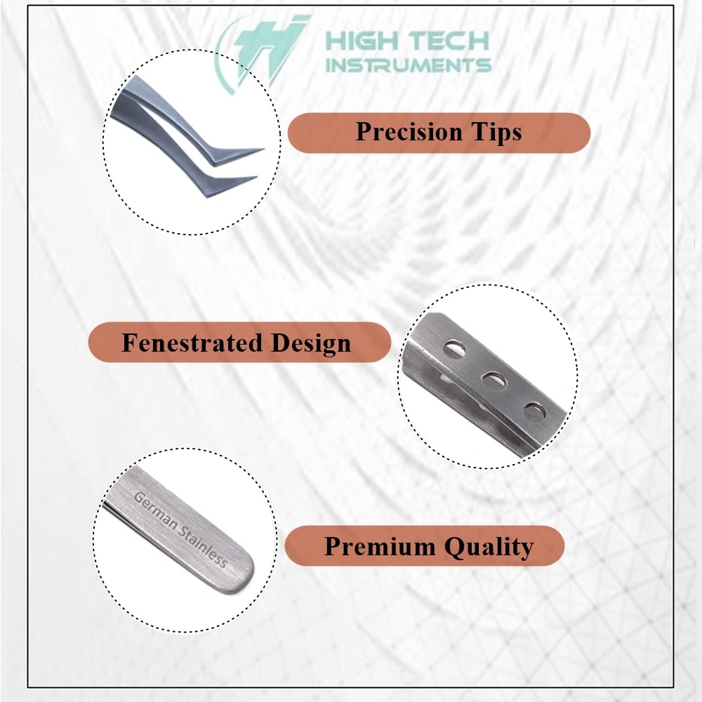 Professional Stainless Steel Tweezers 4.75" with Fine Precision Tips & Fenestrated Handle Suitable for Facial Hair, Splinter and Ingrown Hair Removal Beauty and Personal Care HIGH TECH INSTRUMENTS