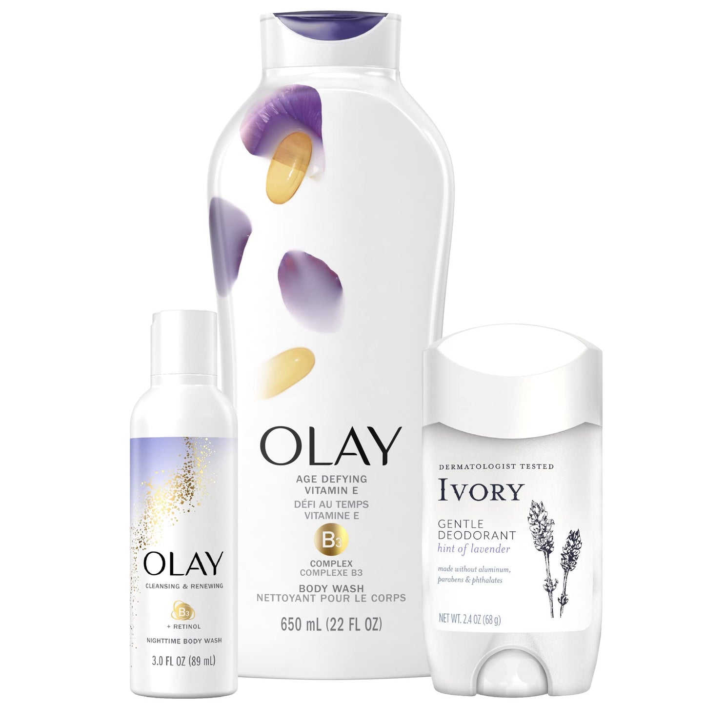 Holiday Gift Pack: Olay Age Defying Body Wash with Vitamin E, 22 fl oz, Olay Cleansing & Renewing Nighttime Body Wash, 3 oz & Ivory Gentle Aluminum Beauty & Personal Care Olay