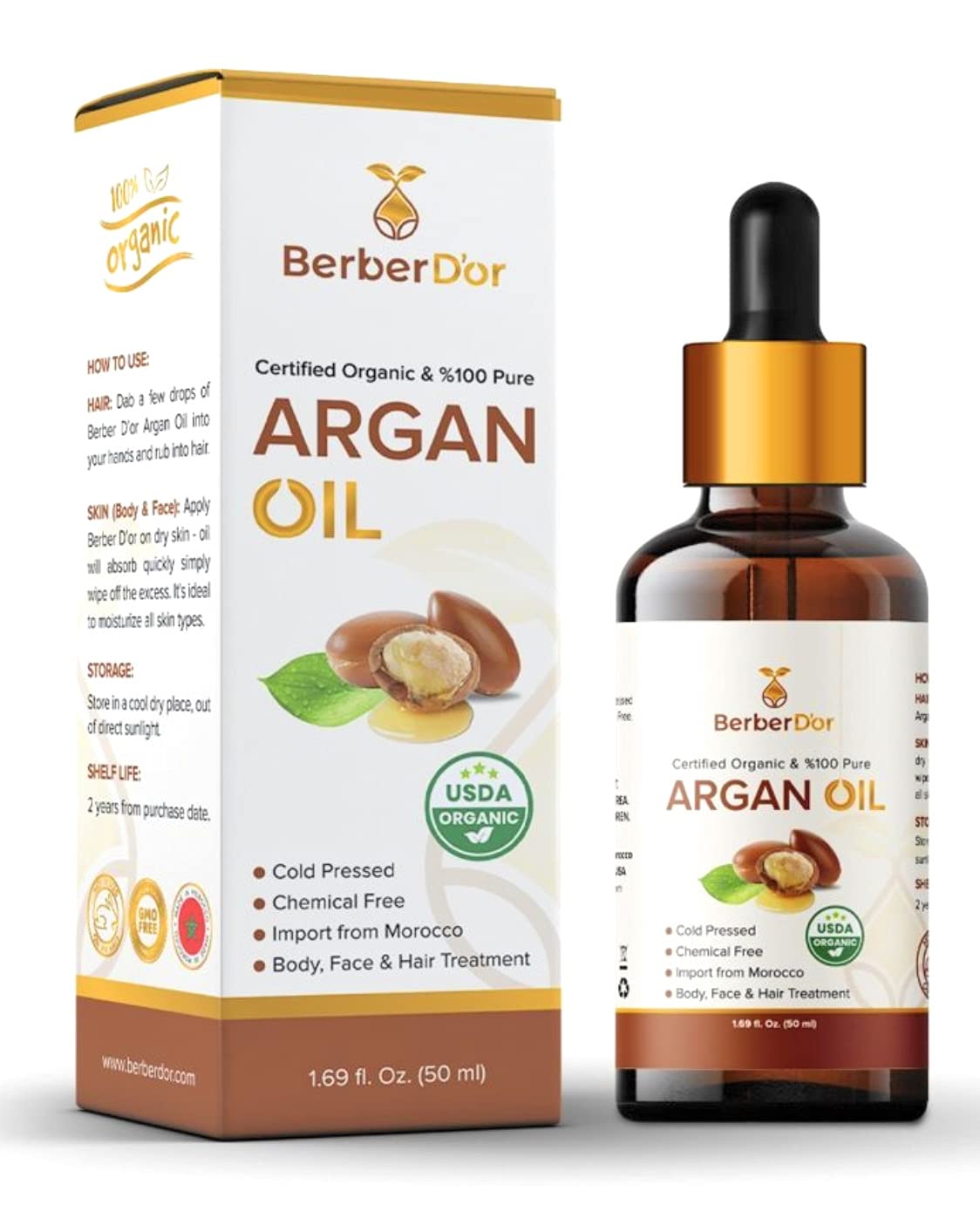 Berber D’Or 100 Pure Natural Organic Argan Oil For Body, Hair, Face, Nails | Eco-Certified, USDA Approved Import From Morocco (1.7 FL OZ 50 ML) Beauty & Personal Care Berber D’Or