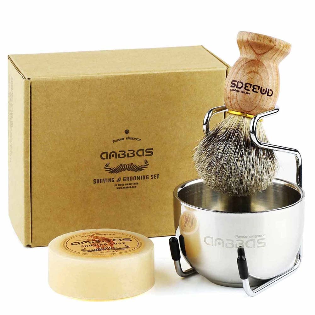 Anbbas 4in1 Badger Hair Shaving Brush Set, with Goat Milk Soap Refill,Stainless Steel Stand Holder and Soap Bowl,Perfect for Men Gift Baber Style Wet Beauty and Personal Care Anbbas