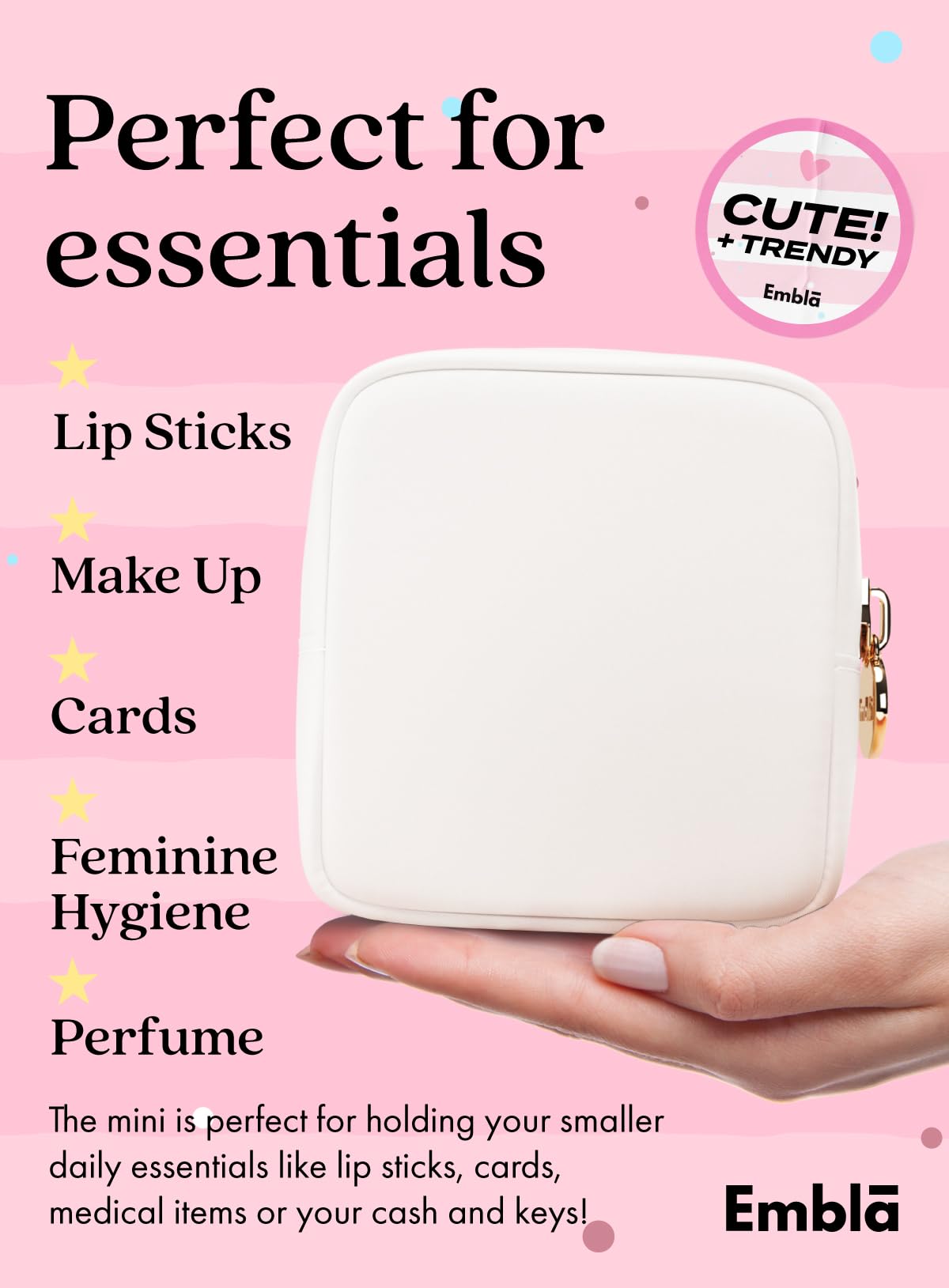 Embla Small Makeup Bag for Purse, Mini Waterproof Nylon Cosmetic Pouch, Durable and Lightweight Travel Toiletry Bag with Smooth Zipper, White Beauty and Personal Care Embla