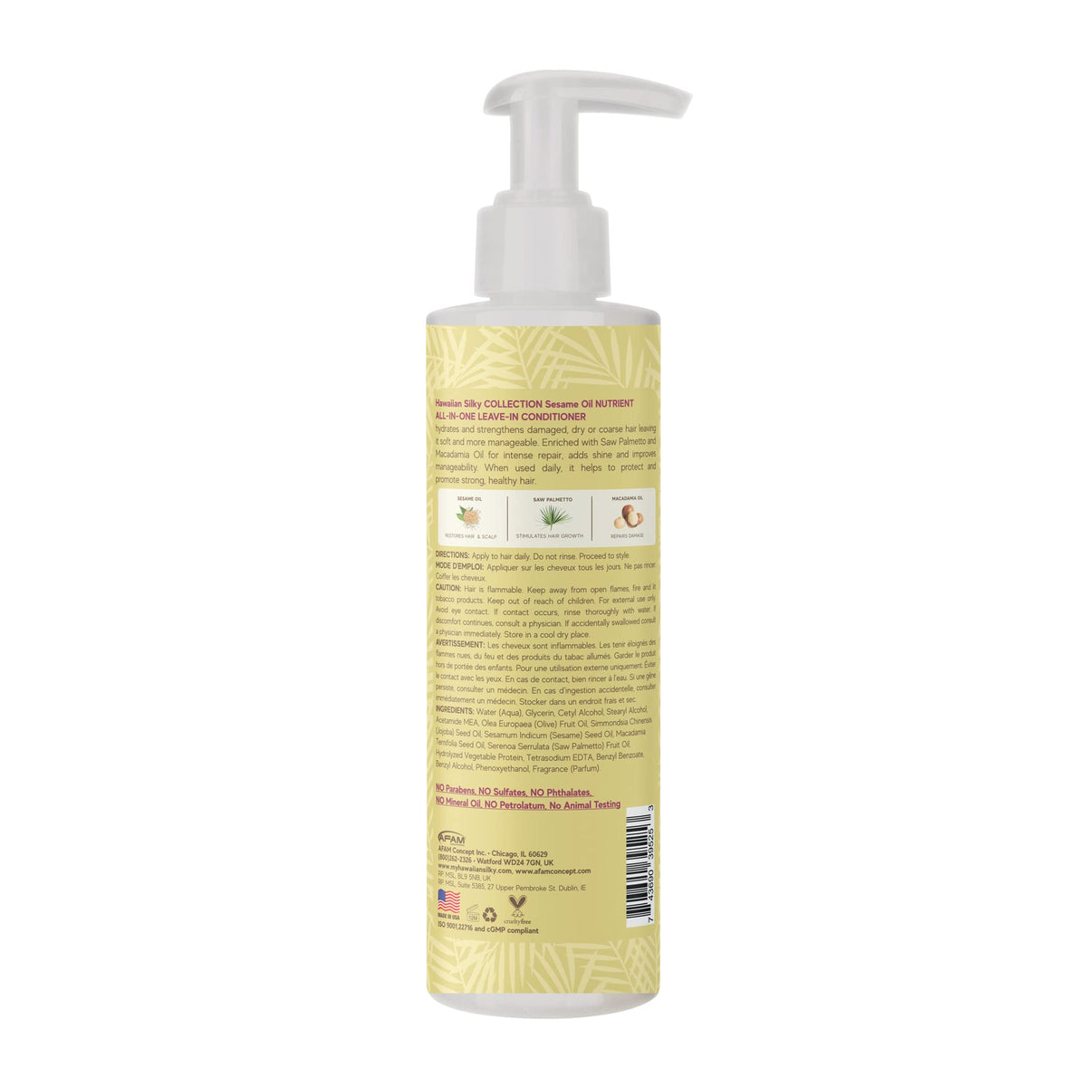 Hawaiian Silky Vegan Sesame Oil All-In-One Nutrient Leave-In-Conditioner with Saw Palmetto & Macadamia Oil 8 FL OZ - Hydrate, Strengthen & Protect for