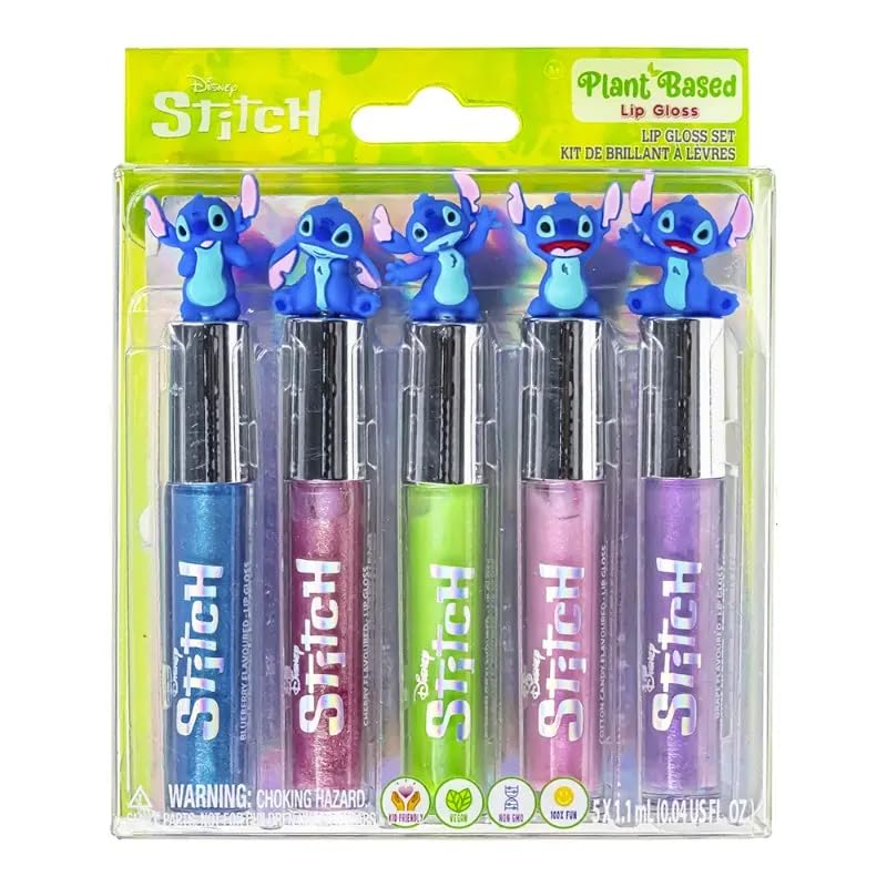 Disney Stitch Lip Gloss Set - 5 Piece Plant Based Kids Makeup with Collectible Figurines, Ages 3+ Beauty and Personal Care Disney Stitch