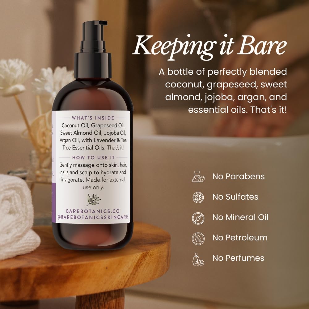 BARE BOTANICS 8 oz Moisturizing Lavender Tea Tree Body Oil - 100% Pure & Natural for Skin & Nails - Perfect for Moisturization - Vegan, Cruelty Free Beauty & Personal Care BARE BOTANICS