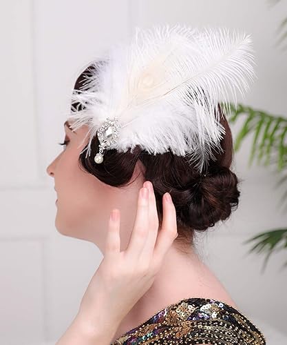 Aimimier 1920s Flapper White Feather Headpiece Crystal Pendant Hair Clip Roaring 20s Feather Accessories Masquerade Hair Jewelry for Women Beauty & Personal Care Aimimier