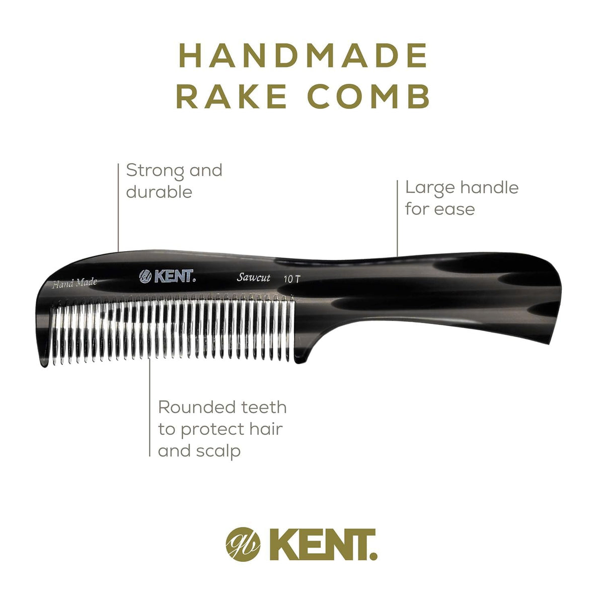 Kent 10T Black Graphite Large Detangler Comb, Wide Tooth Comb for Wet and Dry Curly Hair, Rake Combs for Women With Thick Hair, Saw-Cut and Hand