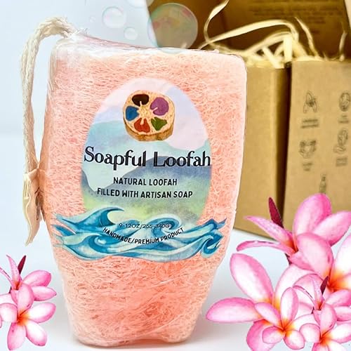 Soap Bar Loofah| Natural Loofah Sponge | Loofah Exfoliating Body Scrubber | 9-12 0z of Plumeria Scented Artisanal Handmade Natural loofah soap in a Beauty & Personal Care Soapful Loofah
