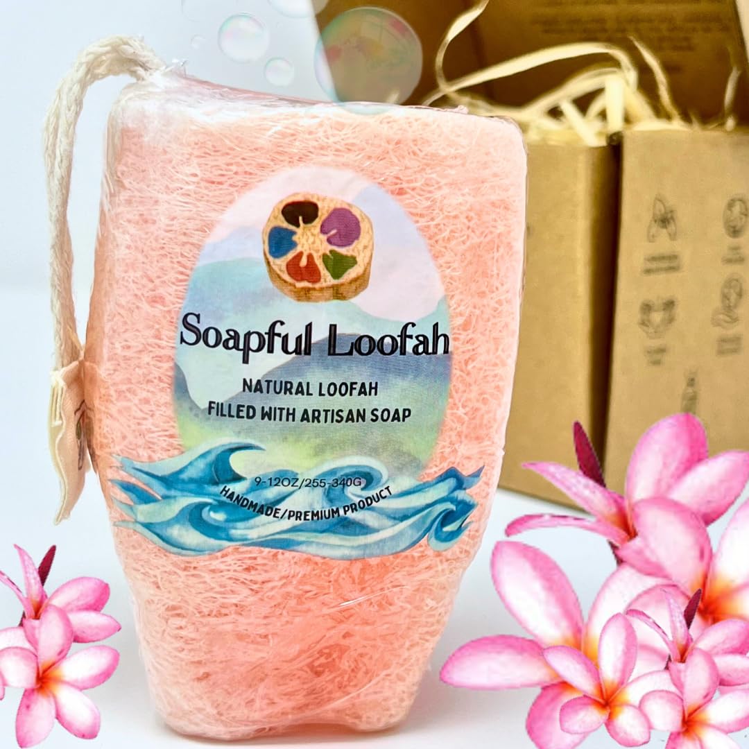 Soap Bar Loofah| Natural Loofah Sponge | Loofah Exfoliating Body Scrubber | 9-12 0z of Plumeria Scented Artisanal Handmade Natural loofah soap in a Beauty & Personal Care Soapful Loofah