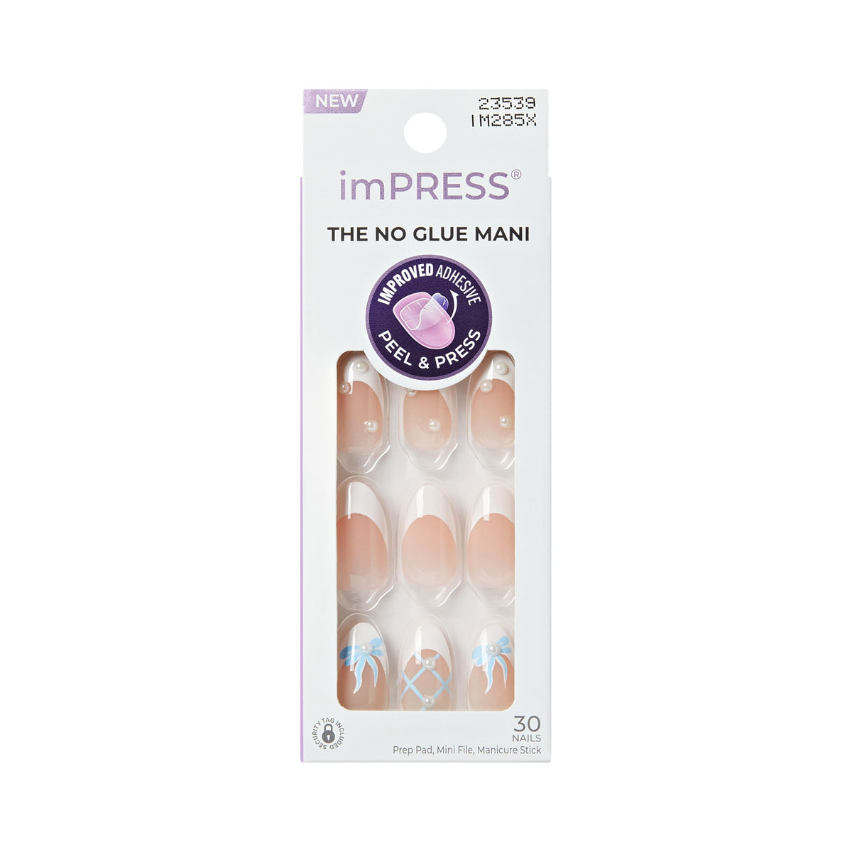 Kiss Impress No Glue Mani Press On Nails, Design, 'Aura', White, Medium Size, Almond Shape, Includes 30 Nails, Prep Pad, 1 Manicure Stick, 1 Mini File