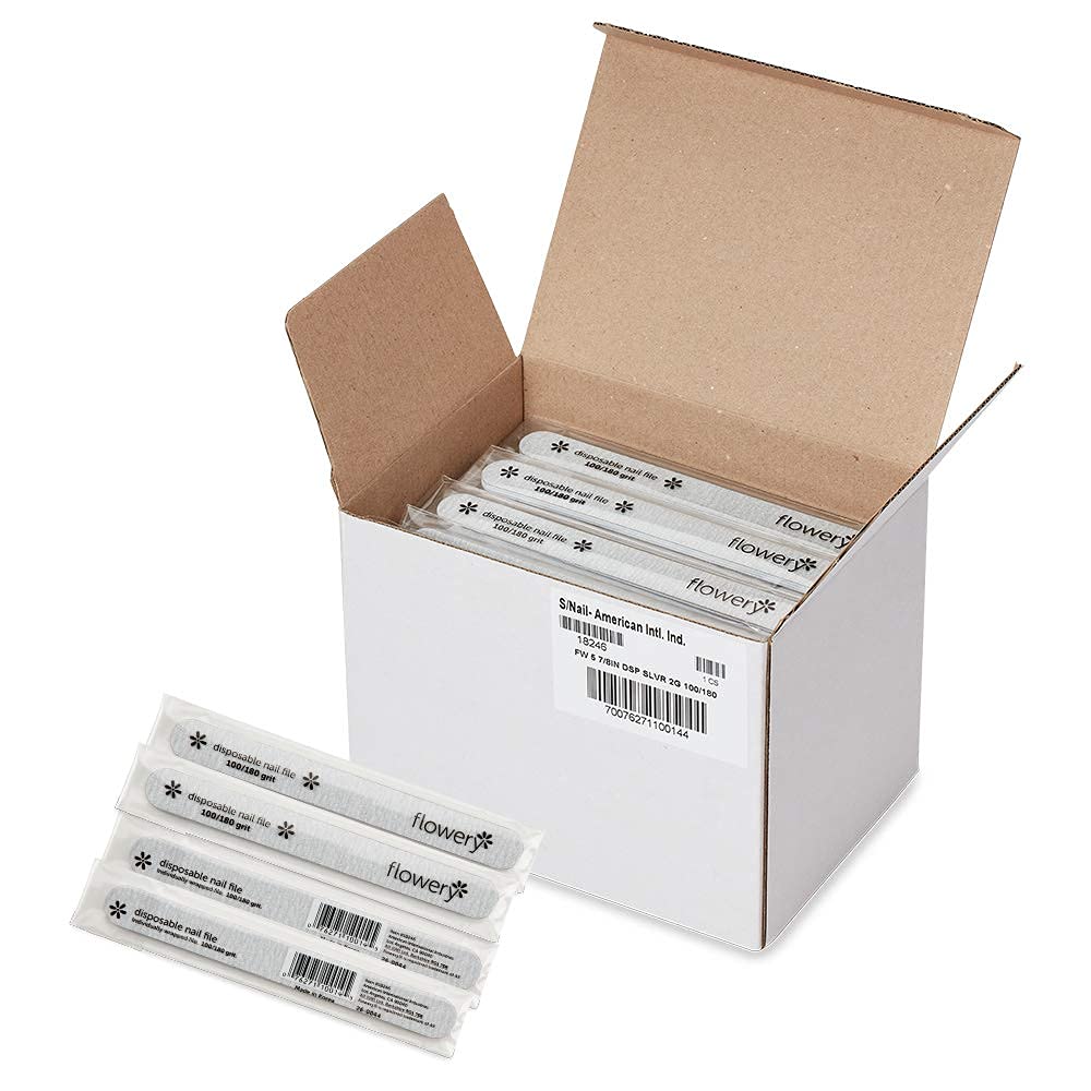 Flowery Nail File 100/180 Grit for Acrylic Nails, Double-Sided Nail Files, Disposable Emery Boards, Manicure Kit, Cushion Core, Silver, 100-Pack Beauty & Personal Care Flowery