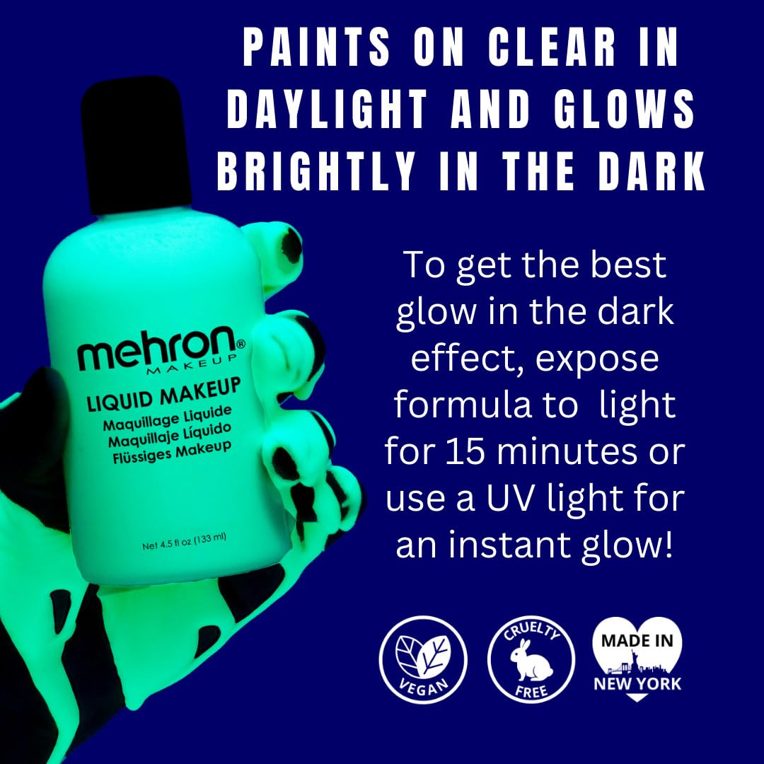 Mehron Makeup Liquid Makeup | Face Paint and Body Paint Perfect for Halloween, Cosplay I Air Brush Compatible 4.5 oz (133 ml) (GLOW IN THE DARK) Beauty & Personal Care Mehron