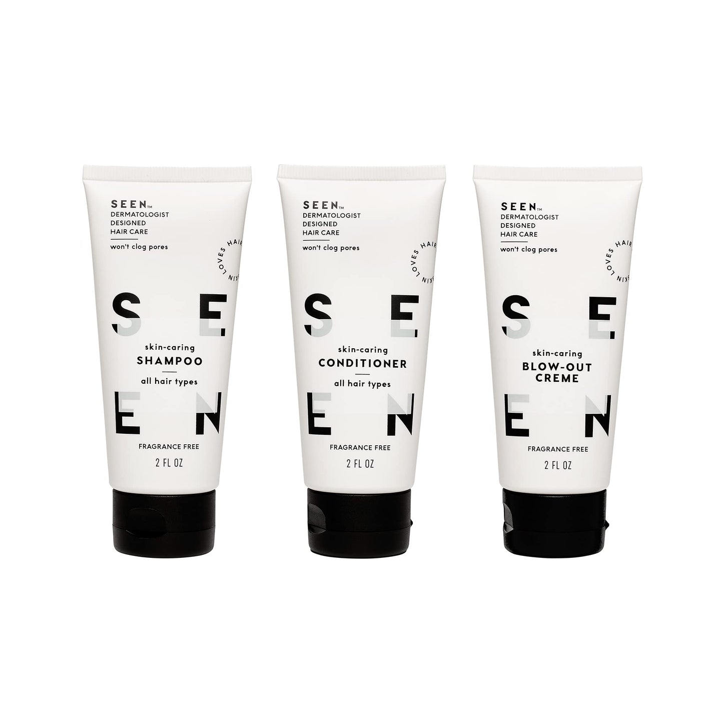 SEEN Travel Trio, Fragrance Free - Non-Comedogenic Blow-Out Hair Cream, Shampoo & Conditioner Set - Dermatologist-Developed- Reduces Frizz- Heat Beauty & Personal Care SEEN