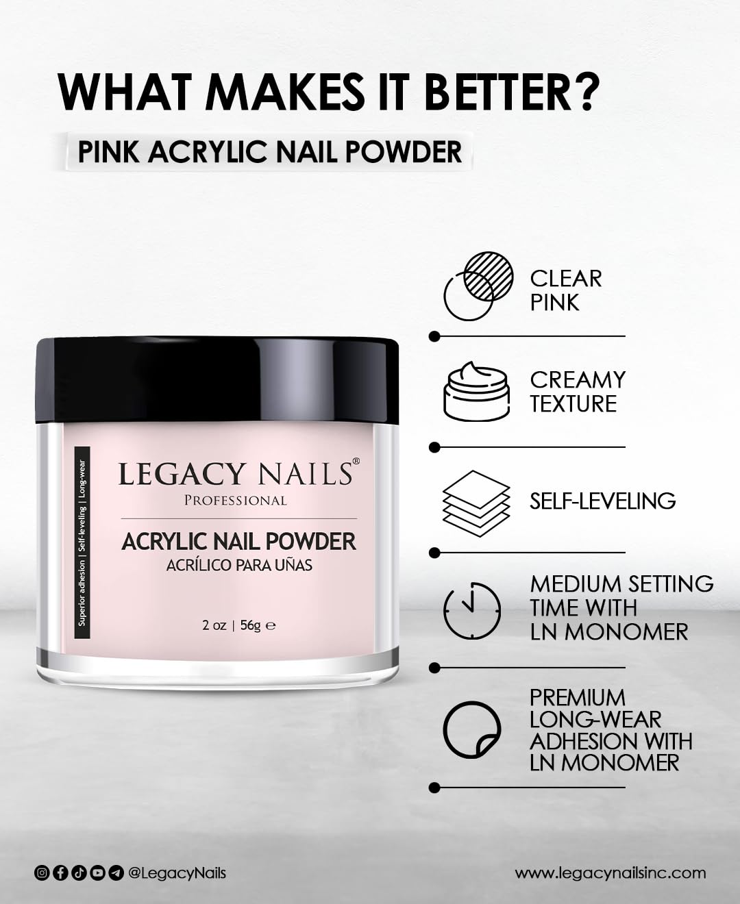 Legacy Nails Professional Pink Acrylic Powder, Net Wt. 8 oz. - French Manicures, Blending Cover Acrylics Nail Extension Colors, Natural Pink Finish