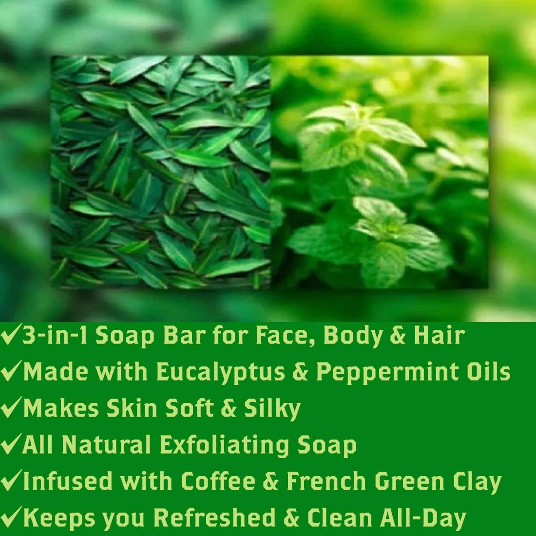 Olivia Care Coffee Exfoliating Bar Soap 3-In-1 Pack Multi Use for Hair, Face & Body 100% Natural & Organic - Infused with Eucalyptus & Mint Essential Beauty & Personal Care Olivia Care