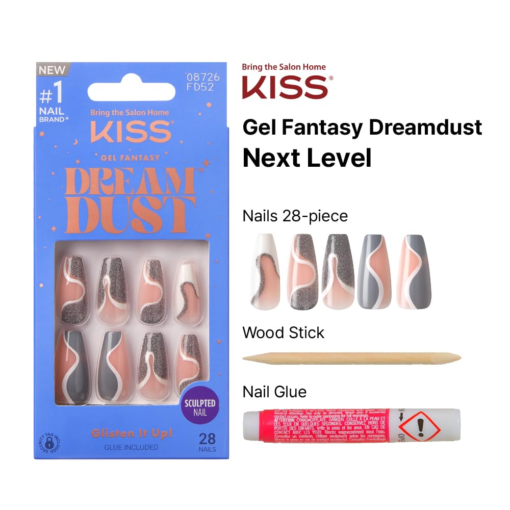 KISS False Nails Kit, Dreamdust Ready to Wear Gel Sculpted Nails, Stick and Glue Included, Long Length, Coffin Shape, Long-Lasting Hottest Trend Glue