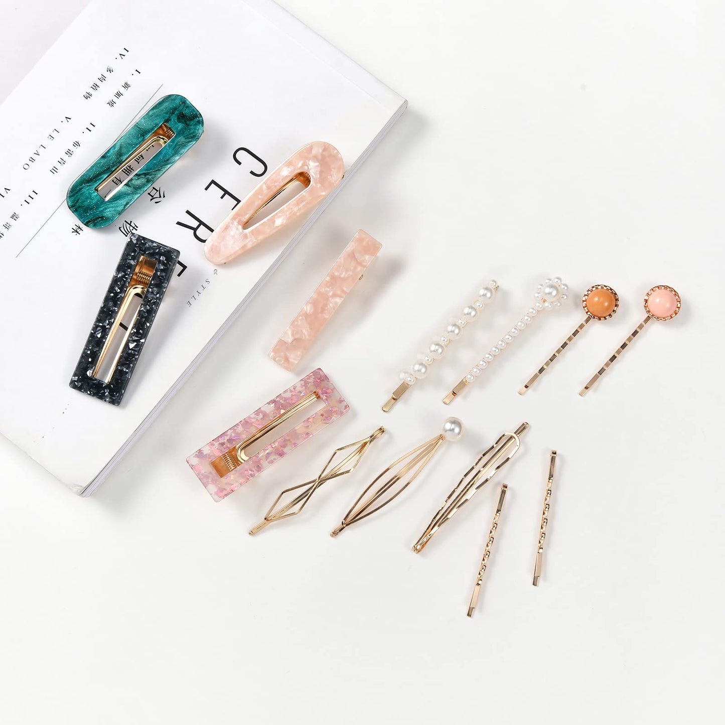 Mehayi 20 PCS Pearls and Acrylic Resin Hair Clips, Handmade Hair Barrettes, Marble Alligator bobby pins, Glitter Crystal Geometric Hairpin, Elegant Beauty & Personal Care Mehayi