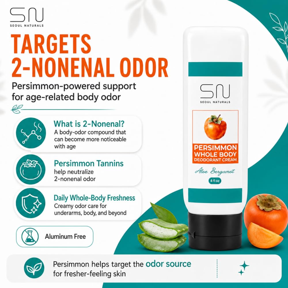 Seoul Naturals Persimmon Whole Body Deodorant Cream 2 Pack, Aloe Bergamot Scented, Eliminates Nonenal Odors, k beauty inspired, 8fl oz, 2 x 4fl oz Beauty and Personal Care Seoul Naturals
