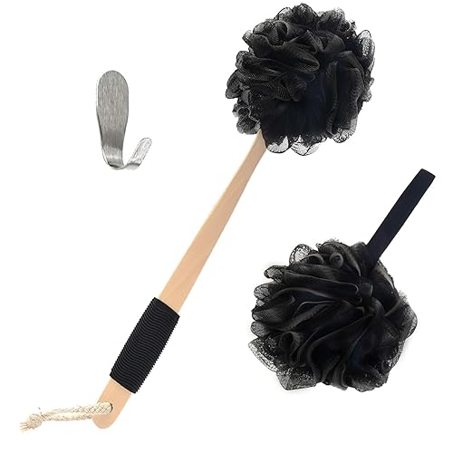 Bamboo Charcoal Infused Back Scrubber - Loofah with Handle | Exfoliating Shower Loofah for Men & Women - Features 1 Loofah on a Stick, 1 Loofa Pouf Beauty & Personal Care Yoove