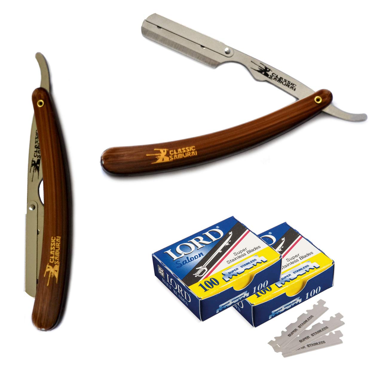 Classic Samurai Stainless Steel Professional Barber Folding Straight Edge Razor Shavette Men's Shaving Kit with 200 Count Lord Single Edge Razor Beauty and Personal Care Classic Samurai